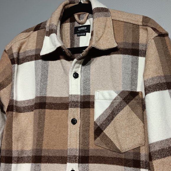 Pull & Bear Beige & White Cotton & Wool Plaid Button Overshirt Jacket (Men's L) - Picture 3 of 6